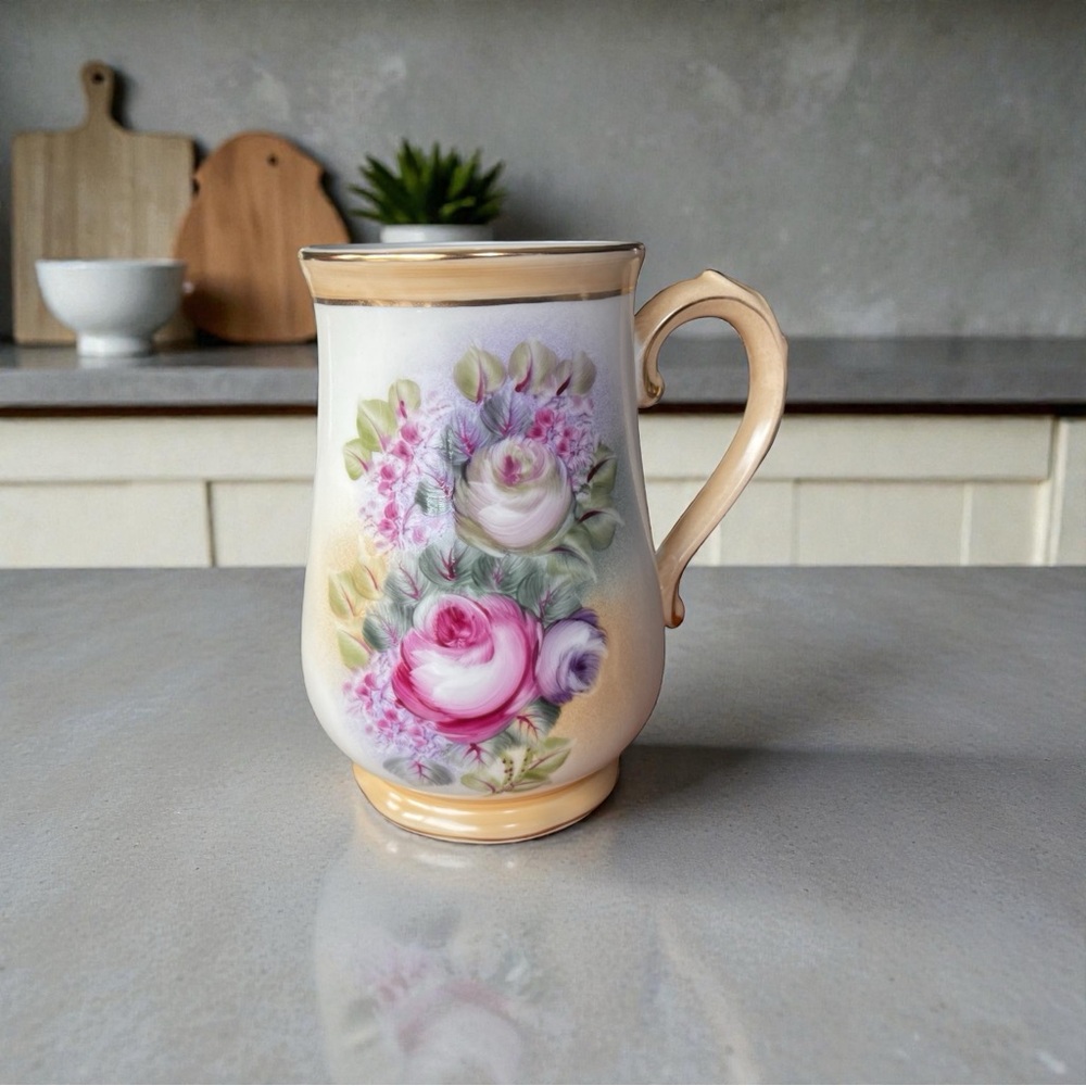 Limoges Style Porcelain Mug Floral Rose Gold Trim Cottagecore Vtg 6"